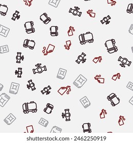 Set line Oil pipe with valve, railway cistern, Canister for gasoline and motor machine oil on seamless pattern. Vector