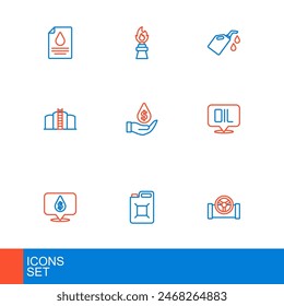 Set line Oil pipe with valve, Canister for gasoline, drop dollar symbol, Word oil, tank storage, motor machine and rig fire icon. Vector