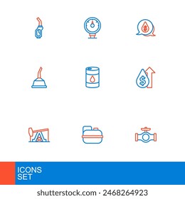 Set line Oil pipe with valve, Canister for gasoline, pump pump jack, price increase, motor machine oil, Barrel, drop dollar symbol and Motor gauge icon. Vector