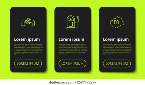 Set line Oil pipe with valve, Petrol or gas station and CO2 emissions in cloud. Business infographic template. Vector