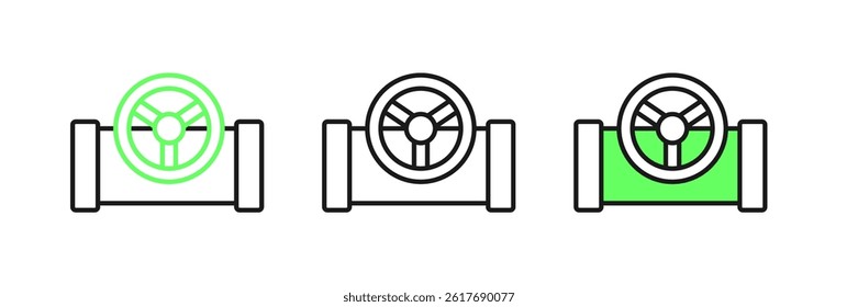 Set line Oil pipe with valve icon isolated on white background.  Vector