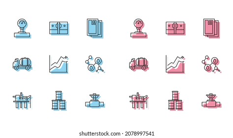 Set line Oil platform in the sea, Barrel oil, Gauge scale, Industry pipe and valve, price increase, Molecule, Tanker truck and Stacks paper money cash icon. Vector