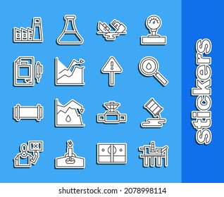 Set line Oil platform in the sea, Barrel oil leak, drop, Wrecked tanker ship, price increase, Contract money and pen, industrial factory building and Exclamation mark triangle icon. Vector