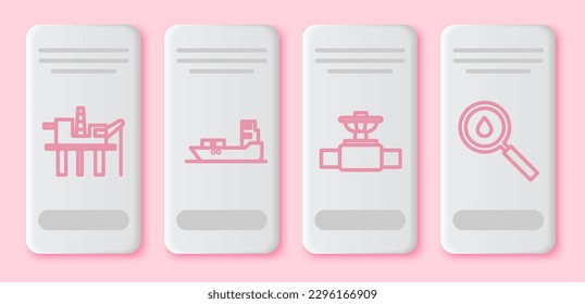 Set line Oil platform in the sea, Oil tanker ship, Industry pipe and valve and Oil drop. White rectangle button. Vector