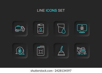 Plataforma petrolera en el mar, aceite de la máquina del motor del recipiente, gasolina, caída con símbolo del dólar, tubo de prueba de gasolina, icono del barril y del camión cisterna. Vector