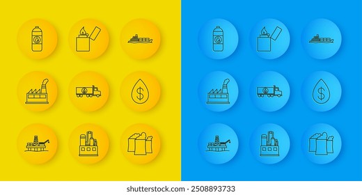 Set line Oil platform in the sea, industrial factory building, Tanker truck, drop with dollar, Canister motor machine oil, tanker ship and Lighter icon. Vector