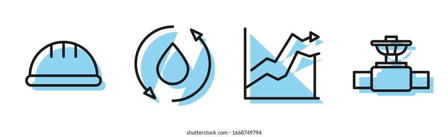 Set line Oil price increase, Worker safety helmet, Oil drop and Industry pipe and valve icon. Vector