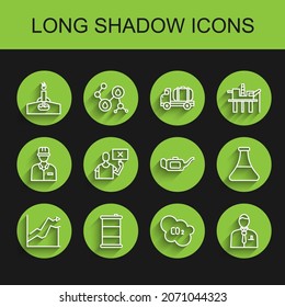 Set line Oil price increase, Barrel oil, rig with fire, CO2 emissions cloud, Businessman or stock market trader, Nature saving protest, petrol tube and Canister for motor icon. Vector