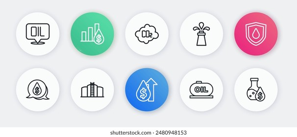 Set line Oil price increase, drop on shield, with dollar symbol, tank storage, rig, CO2 emissions cloud, petrol test tube and  icon. Vector