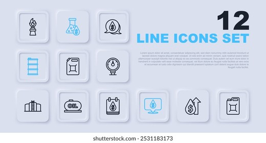 Set line Aumento del Precio de aceite, bote para gasolina, gota con símbolo de dólar, barril de aceite, depósito de almacenamiento, tubo de ensayo de gasolina e icono. Vector