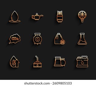 Set line Oil price increase, Canister for motor machine oil, drop, and gas industrial factory building, Test tube flask and Antifreeze canister icon. Vector