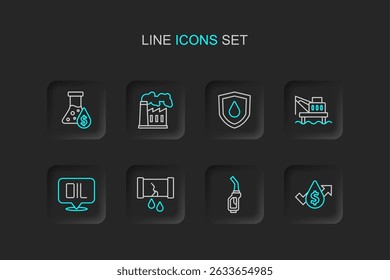 Set line Oil price increase, Gasoline pump nozzle, Broken oil pipe with valve, Word, platform the sea, drop on shield, and gas industrial factory and petrol test tube icon. Vector