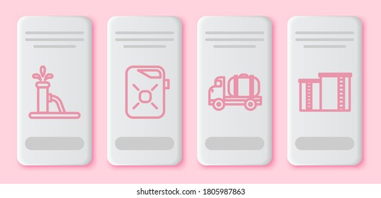 Set line Oil pump or pump jack, Canister for motor oil, Tanker truck and Oil industrial factory building. White rectangle button. Vector