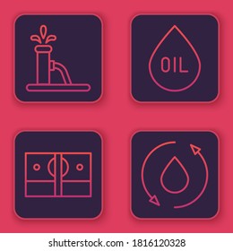 Set line Oil pump or pump jack, Stacks paper money cash, Oil drop and Oil drop. Blue square button. Vector