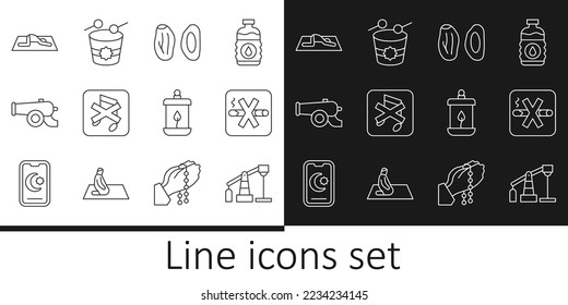 Set line Oil pump or pump jack, No Smoking, Date fruit, Speaker mute, Ramadan cannon, Muslim man prays, Kareem lantern and drum icon. Vector