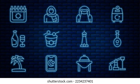 Fijar la línea Bomba de aceite o jack de bomba, Lute, Musulmana en nicab, tambor de Ramadán, Botella de vino con vidrio, calendario, minarete de la torre de la mezquita e ícono de hijab. Vector