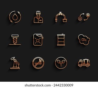 Set line Oil pump or pump jack, No Smoking, drop, Bio fuel, Tanker truck, Canister for motor oil, CO2 emissions cloud and Barrel icon. Vector