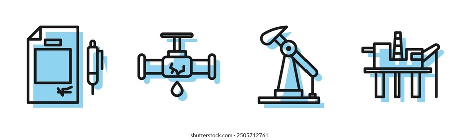 Set line Oil pump or pump jack, Contract money and pen, Broken pipe with leaking water and Oil platform in the sea icon. Vector