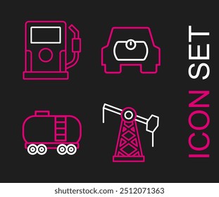 Set line Oil pump or pump jack, railway cistern, Gas tank for vehicle and Petrol gas station icon. Vector