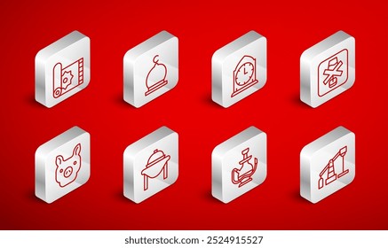 Set line Oil pump or pump jack, Muslim Mosque, Clock, No alcohol, Hookah, Traditional carpet, Table food and Pig icon. Vector