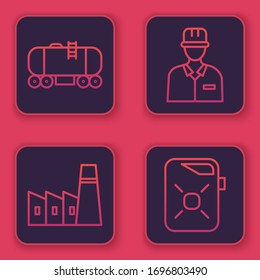 Set line Oil railway cistern, Oil industrial factory building, Oilman and Canister for motor oil. Blue square button. Vector