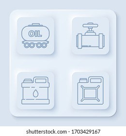 Set line Oil railway cistern, Industry metallic pipes and valve, Canister for motor machine oil and Canister for gasoline. White square button. Vector