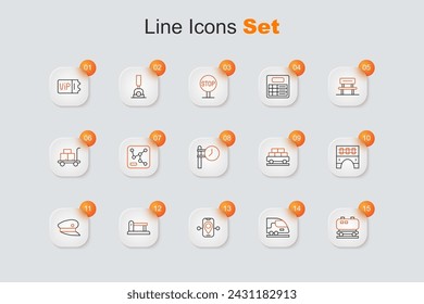 Set line Oil railway cistern, High-speed train, Route location, Railway, railroad track, Train driver hat, Bridge for, Cargo wagon and station clock icon. Vector