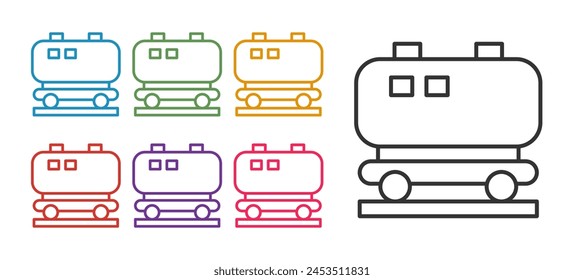 Set line Oil railway cistern icon isolated on white background. Train oil tank on railway car. Rail freight. Oil industry. Set icons colorful. Vector