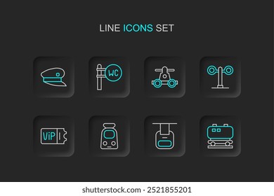 Cisterna de ferrocarril de aceite, teleférico, tren y tren, boleto, semáforo, transporte de mano, inodoro y el icono del conductor. Vector