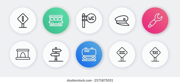 Set line Oil railway cistern, Wrench spanner, Railway tunnel, Railroad crossing, Train driver hat, Toilet, Speed limit traffic sign 100 km and Road icon. Vector