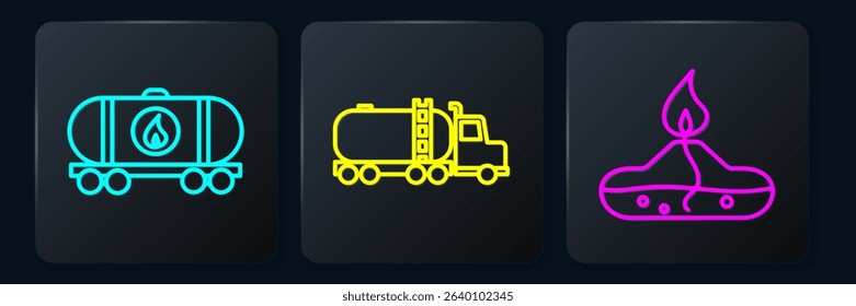 Set line Oil railway cistern, Alcohol or spirit burner and Tanker truck. Black square button. Vector
