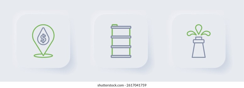 Set line Oil rig, Barrel oil and drop with dollar symbol icon. Vector