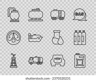 Set line Oil rig, Canister for motor oil, railway cistern, Tanker truck, tank storage, tanker ship, Spare wheel in the car and Industrial gas cylinder icon. Vector