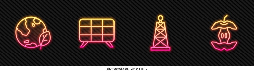 Set line Plataforma petrolera, globo terráqueo y hoja, panel de energía solar y núcleo de Apple. Icono de neón brillante. Vector