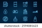 Set line Oil rig with fire, tanker ship, Eco fuel canister, industrial factory building, drop dollar, Petrol gas station,  and Barrel oil icon. Vector