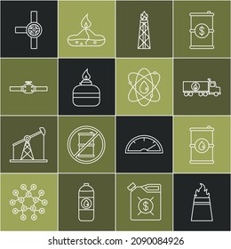 Set line Oil rig with fire, Barrel oil, Tanker truck, Alcohol or spirit burner, Industry pipes and valve,  and Atom icon. Vector