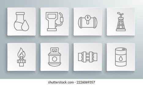 Set line Oil rig with fire, Petrol or gas station, Propane tank, Metallic pipes and valve, Barrel oil, Gas for vehicle,  and petrol test tube icon. Vector