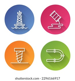 Set line Oil rig with fire, Barrel oil leak, Rotating drill digging a hole and Industry pipe. Color circle button. Vector