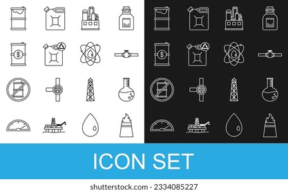 Set line Oil rig with fire, petrol test tube, Industry pipes and valve, industrial factory building, Eco fuel canister, Barrel oil dollar, leak and Atom icon. Vector