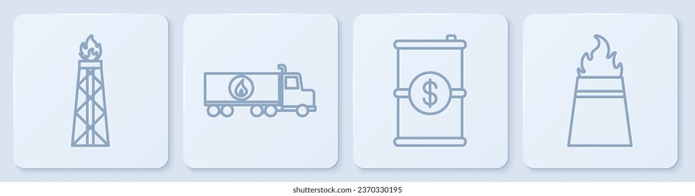 Set line Oil rig with fire, Barrel oil with dollar, Tanker truck and Oil rig with fire. White square button. Vector