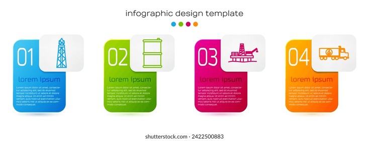 Set line Oil rig with fire, Barrel oil, Oil platform in the sea and Tanker truck. Business infographic template. Vector