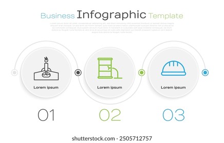 Set line Oil rig with fire, Barrel oil leak and Worker safety helmet. Business infographic template. Vector