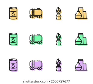 Set line Oil rig with fire, Barrel oil, railway cistern and tank storage icon. Vector