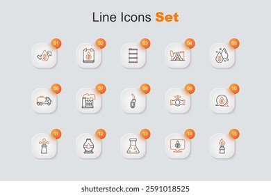 Set line Oil rig with fire, drop dollar symbol, petrol test tube, tank storage, pipe valve and Gasoline pump nozzle icon. Vector