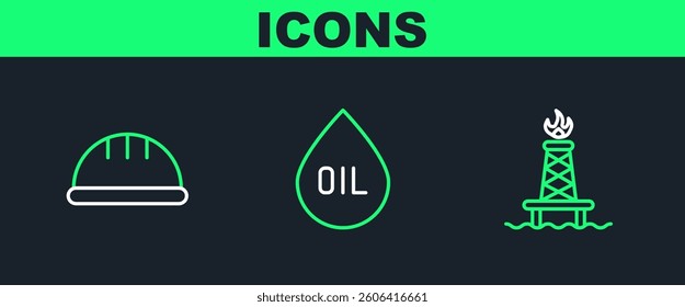 Set line Oil rig with fire, Worker safety helmet and drop icon. Vector