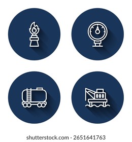 Set line Plataforma de óleo com fogo, medidor de gás motor, cisterna ferroviária e plataforma no mar com sombra longa. Botão de círculo azul. Vetor