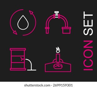 Set line Plataforma de óleo com fogo, vazamento de óleo barril, tubo da indústria e válvula e ícone de gota. Vetor