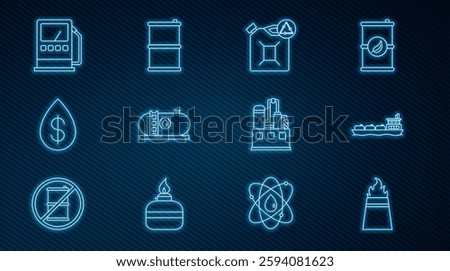 Set line Oil rig with fire, tanker ship, Eco fuel canister, industrial factory building, drop dollar, Petrol gas station,  and Barrel oil icon. Vector