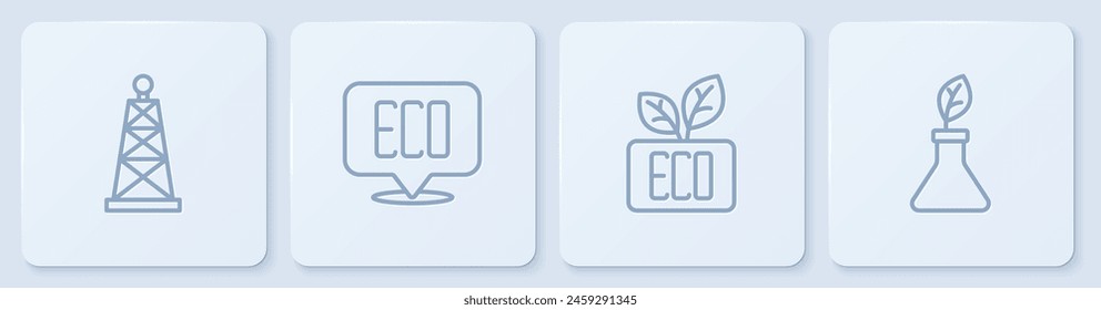 Set line Plataforma petrolera, símbolo de Eco de hojas y fitomejoramiento. Botón cuadrado blanco. Vector