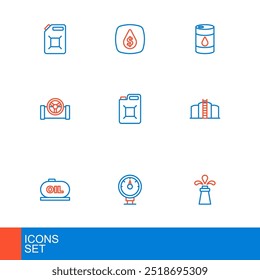 Set line Oil rig, Motor gas gauge, tank storage, pipe with valve, Canister for gasoline, Barrel oil and drop dollar symbol icon. Vector